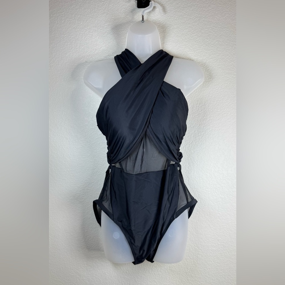 Swimsuits For All Black Halter One Piece Ruched Mesh Side Cutouts Sz 14